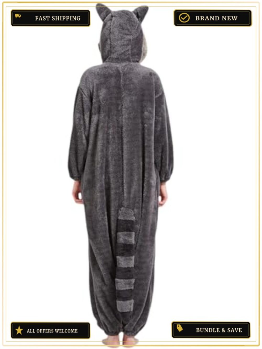 Adult Raccoon Onesie Polar Fleece Hooded One-Piece Pajama Cosplay Halloween - Picture 5 of 6
